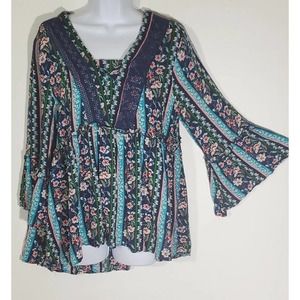 Weekend Suzanne Betro Blue Floral V-Neck Bell Sleeve Ruffle Blouse Tunic 1X